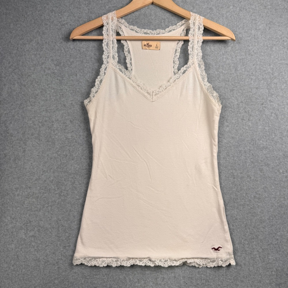 Vintage Hollister Tank Top Womens Large Cream Lace Trim Y2K Racerback Bella Swan